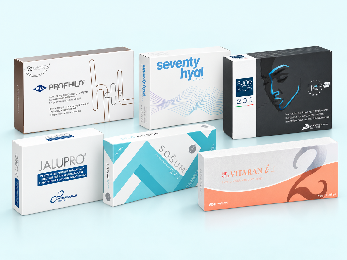 Profhilo, Seventy Hyal, Sunekos, Jalupro, Sosum Soft and Vitaran product collage